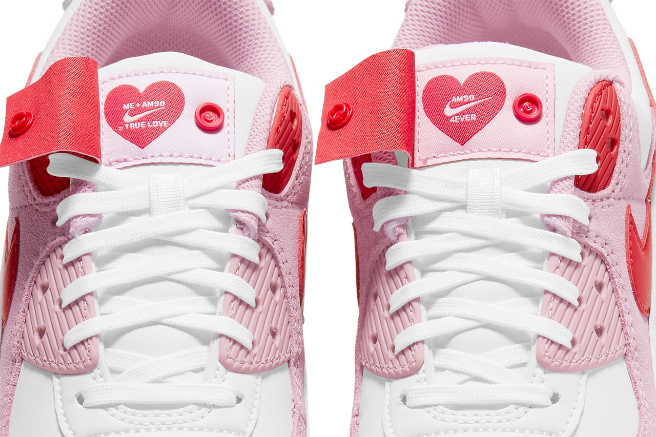 nike air max 90 am90 valentines day sneakers pink red details tongue tag heart shoelaces