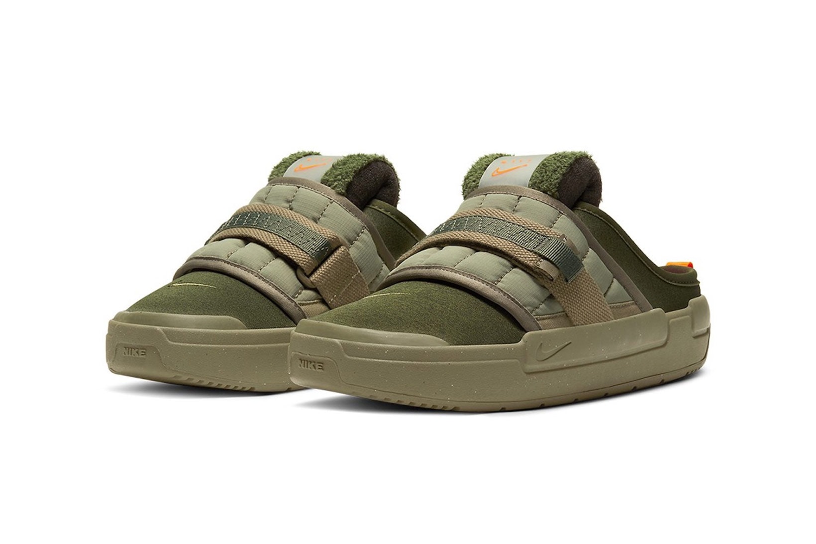 nike offline mules sandals slippers army olive green orange colorway footwear lateral front view
