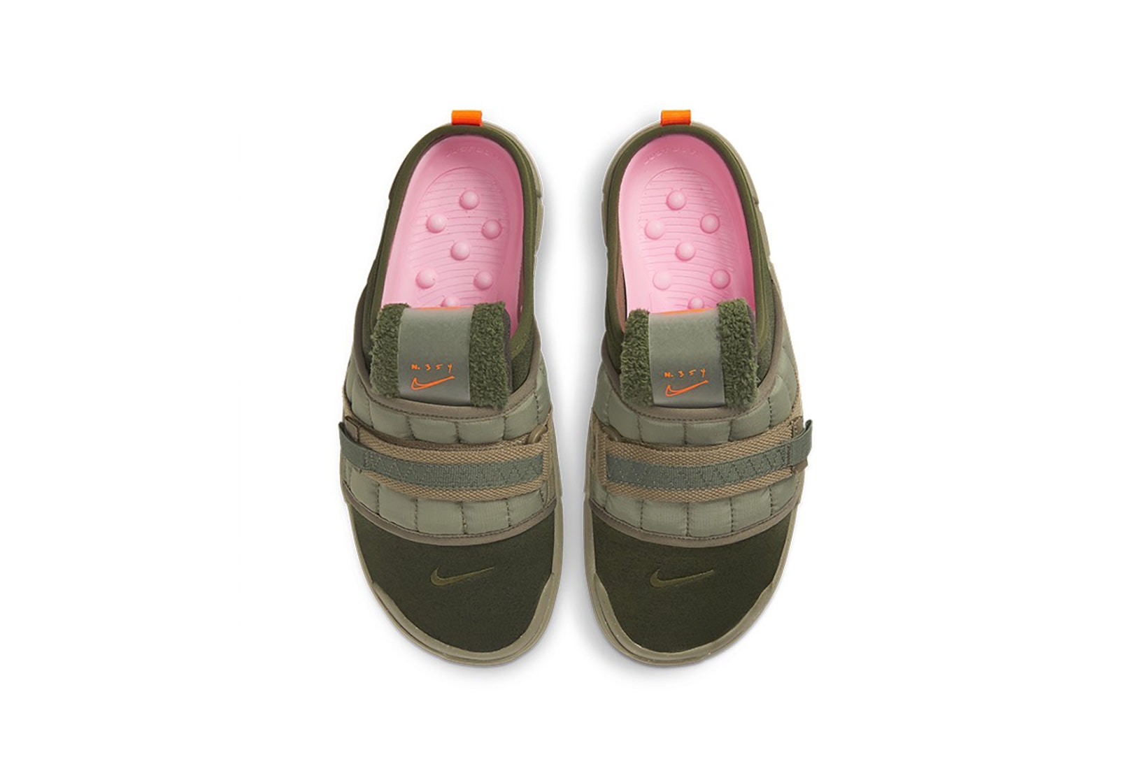 nike offline mules sandals slippers army olive green orange colorway footwear aerial birds eye view pink insoles