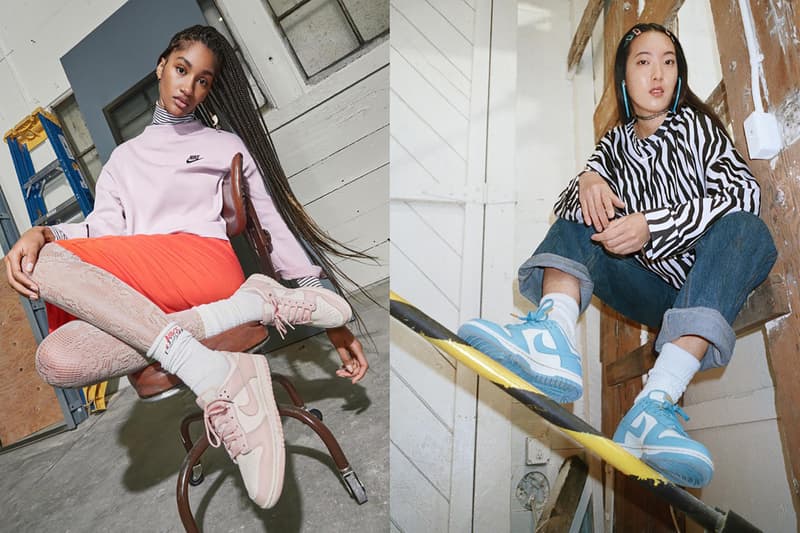 nike sportswear spring dunk low collection sneakers pastel pink blue white jeans skirt sweater chair hair clips accessories