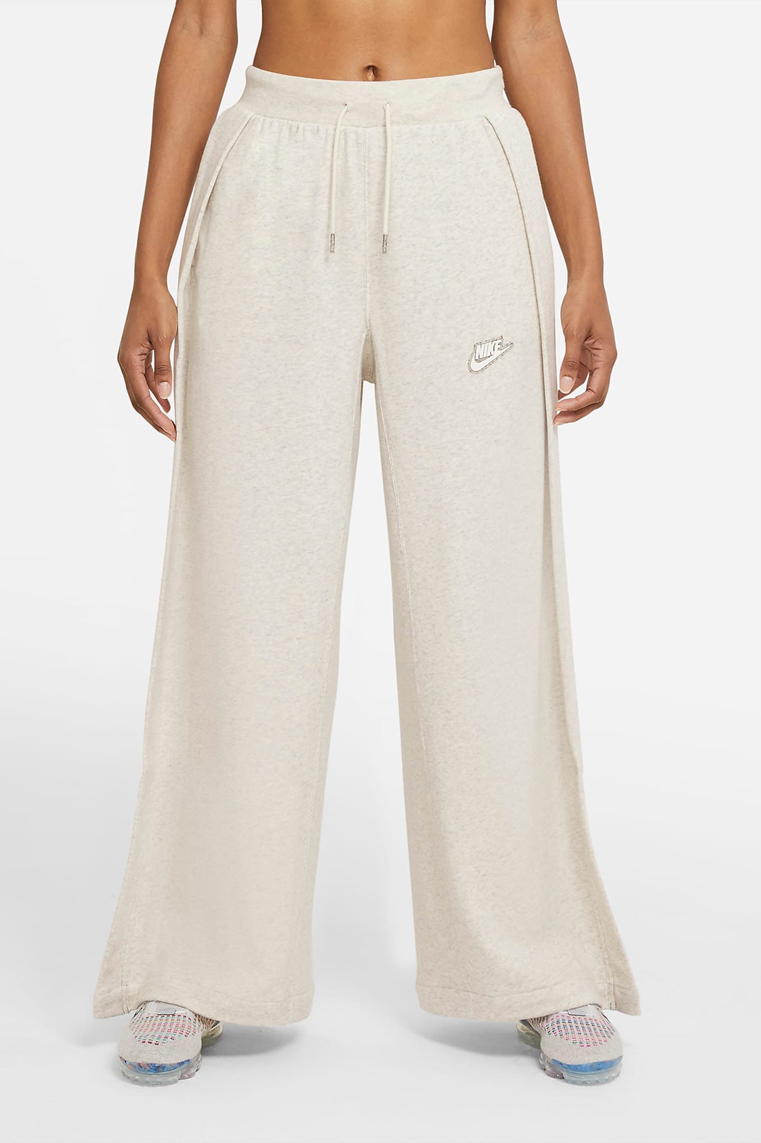nike sportswear womens french terry trousers wide leg sweatpants sustainable oatmeal heather white front