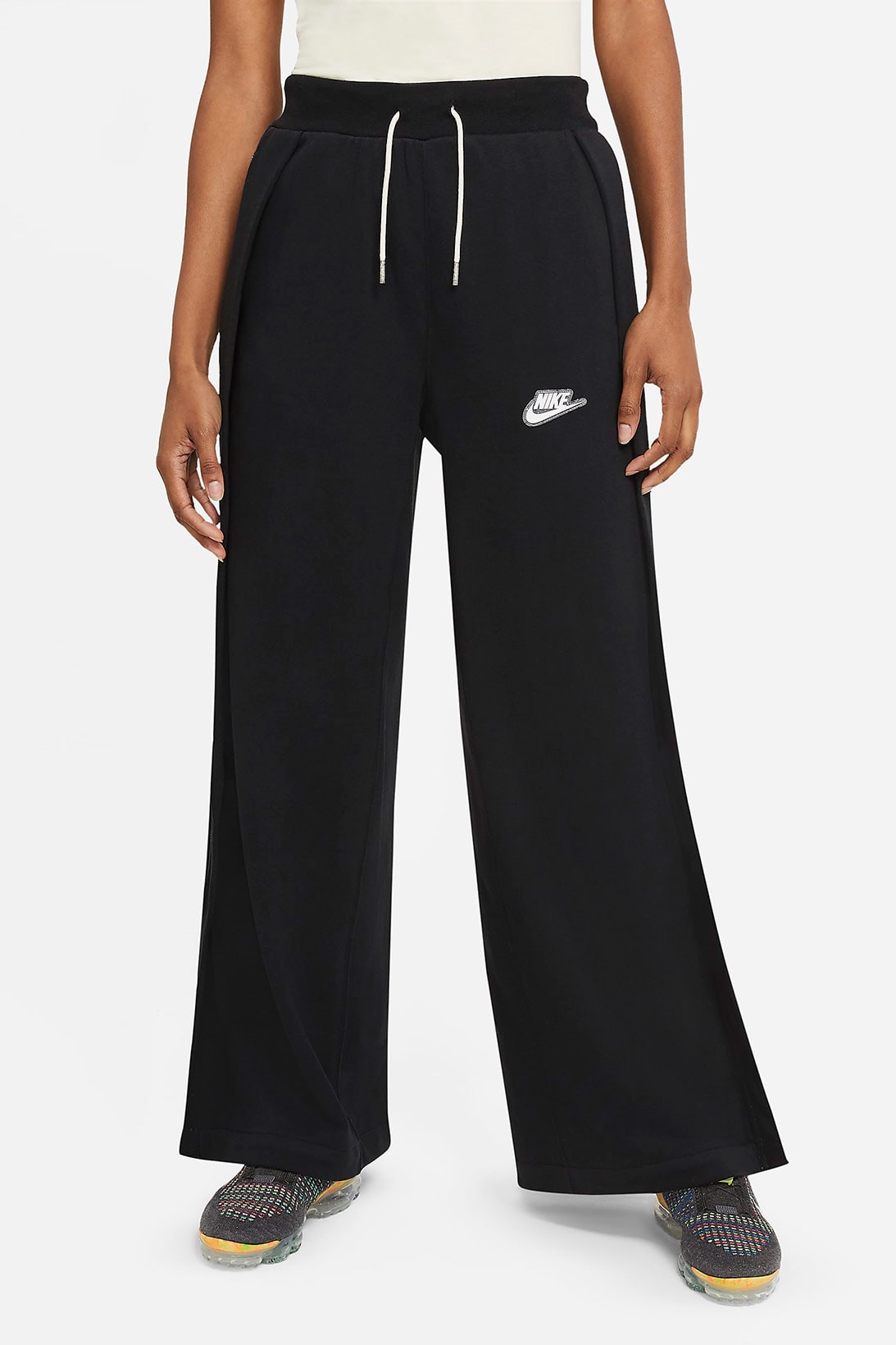 nike sportswear womens french terry trousers wide leg sweatpants sustainable black front