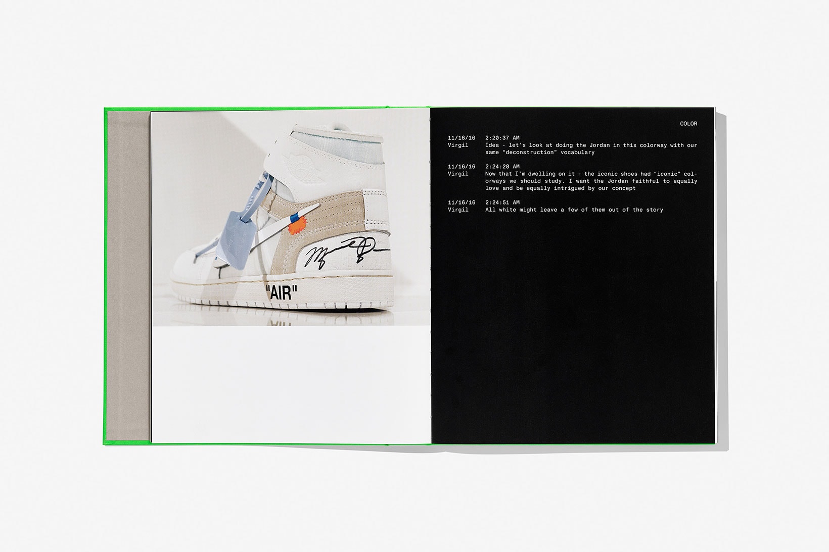 virgil abloh nike icons book retrospective collaboration taschen off-white neon green sneak peek pages