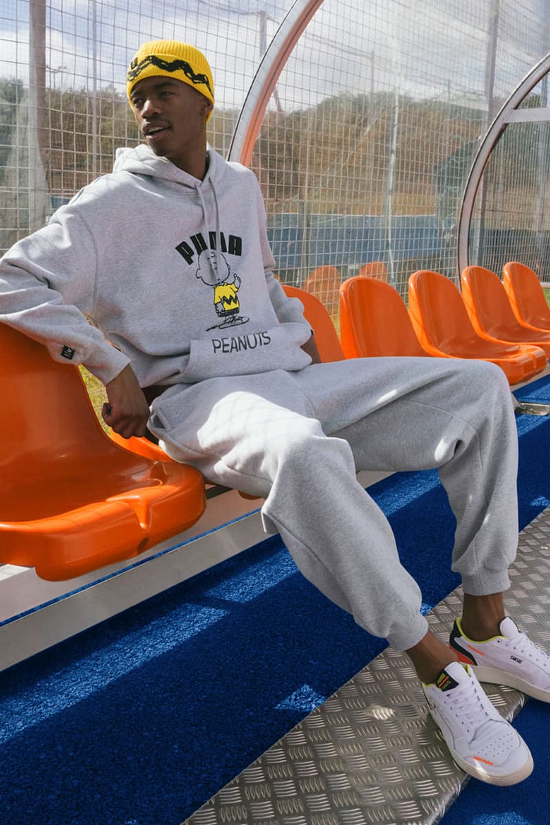 peanuts puma collaboration gray hoodie sweatpants charlie brown logo ralph sampson sneakers