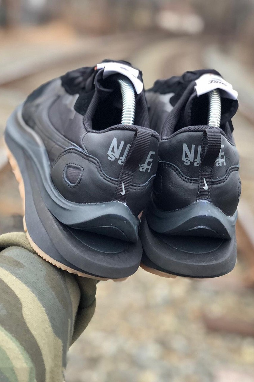 sacai nike vaporwaffle black gum early look sneaker collaboration details back heel logo rear