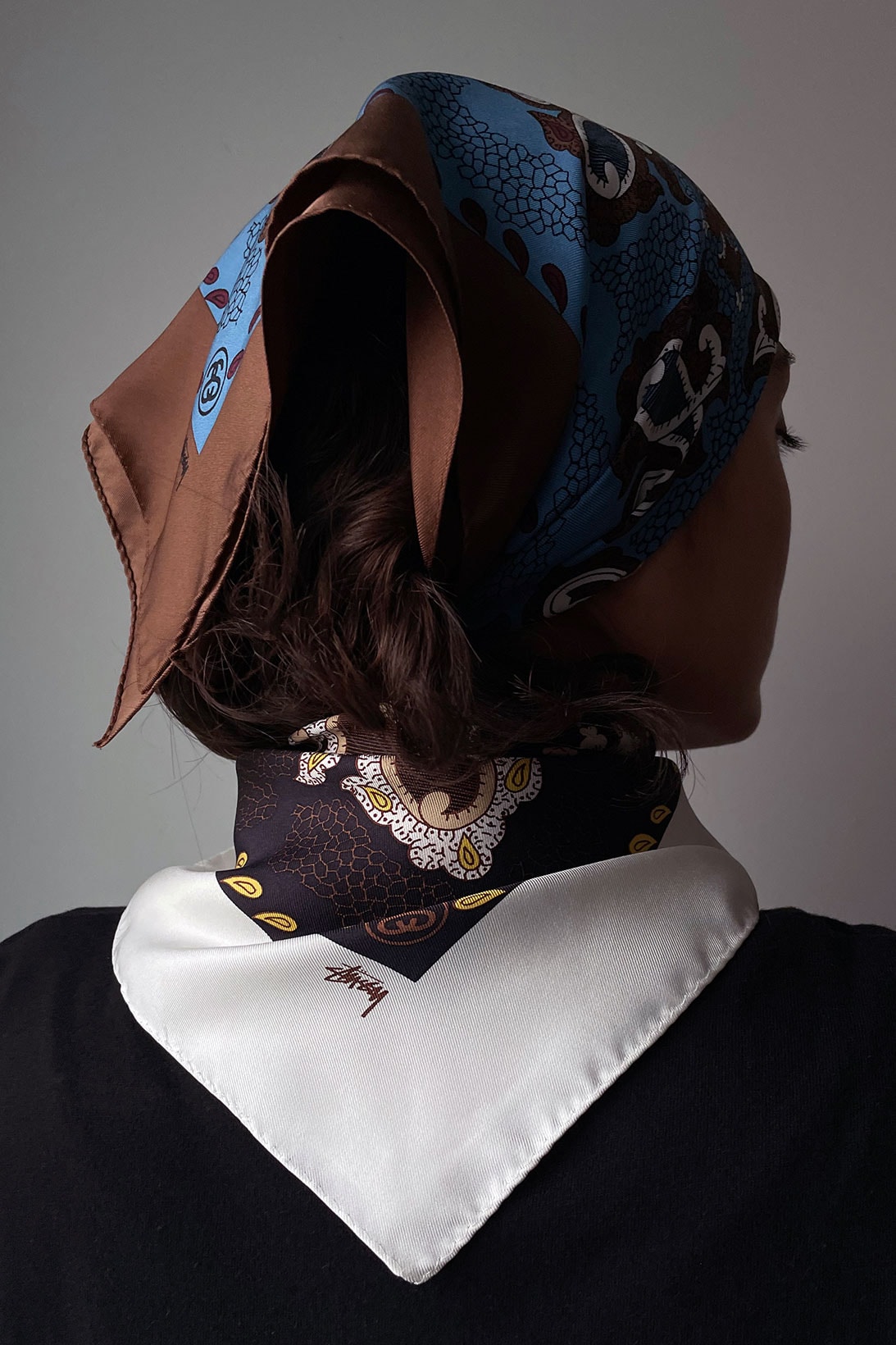 stussy noma td scarves collaboration paisley prints white brown colorway accessories