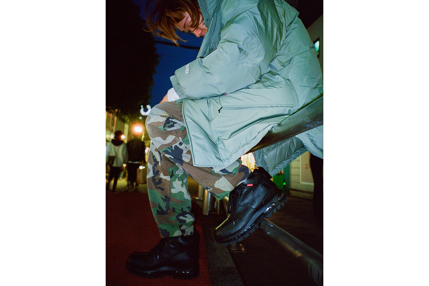 supreme nike goadome collaboration boots footwear shoes snakeskin black colorway camo pants olive green jacket outerwear