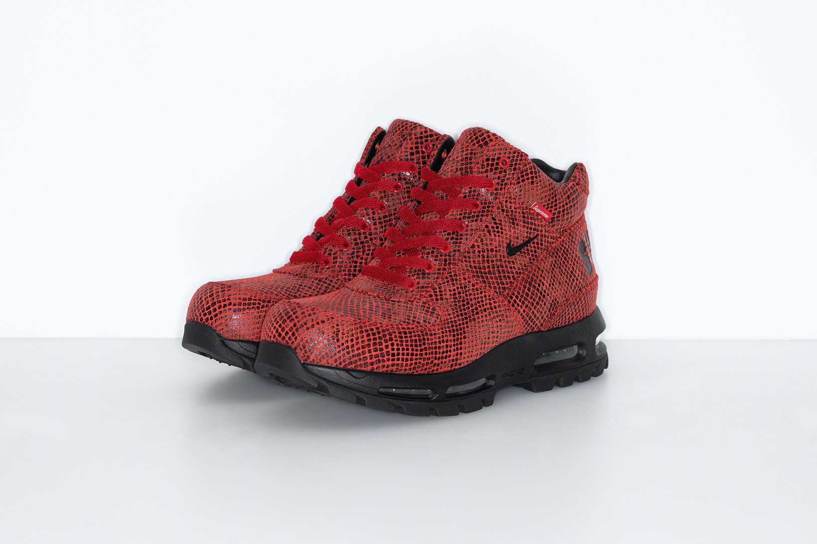 supreme nike goadome collaboration boots footwear shoes snakeskin red colorway black lateral laces