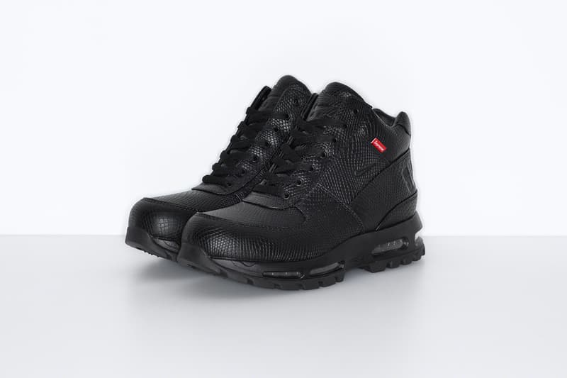 supreme nike goadome collaboration boots footwear shoes snakeskin colorway black red laces lateral