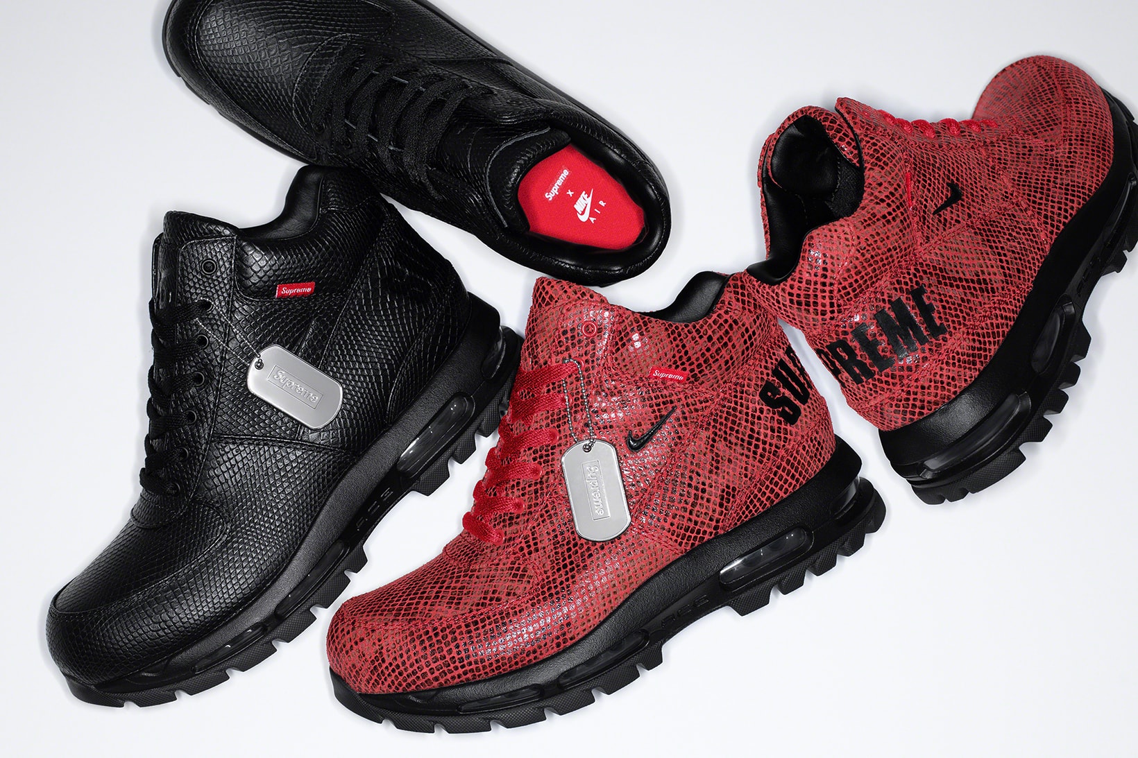 supreme nike goadome collaboration boots footwear shoes snakeskin red black colorway insole laces silver dog tag