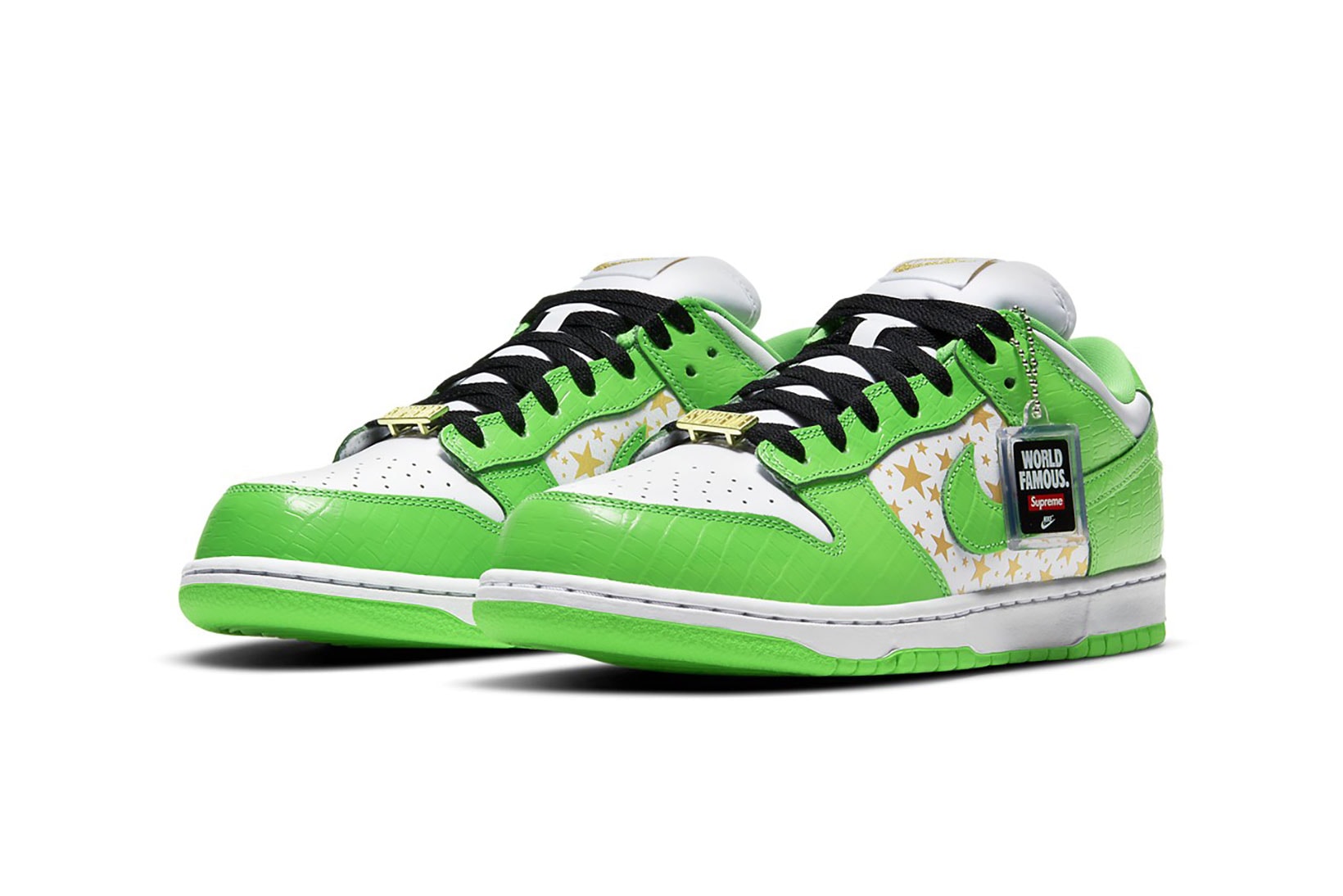 supreme nike sb dunk low collaboration sneakers mean green white black stars colorway sneakerhead shoes footwear laces tag