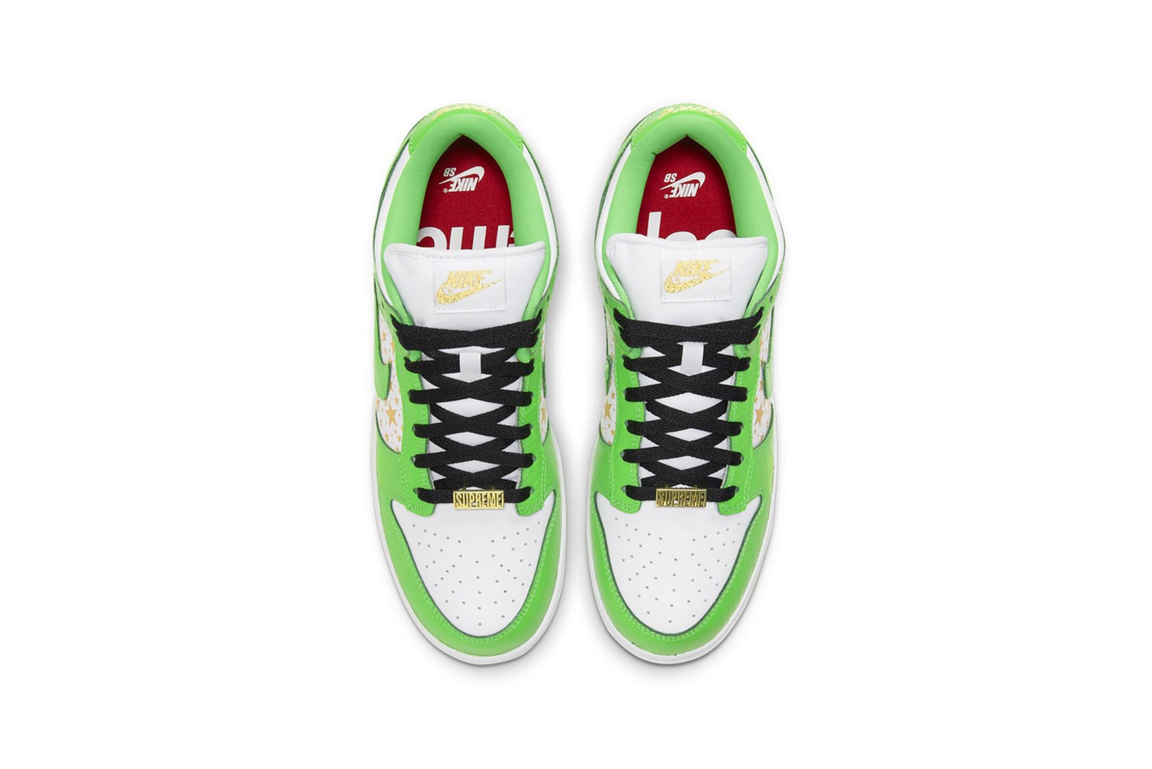 supreme nike sb dunk low collaboration sneakers mean green white black stars colorway sneakerhead shoes footwear insole laces