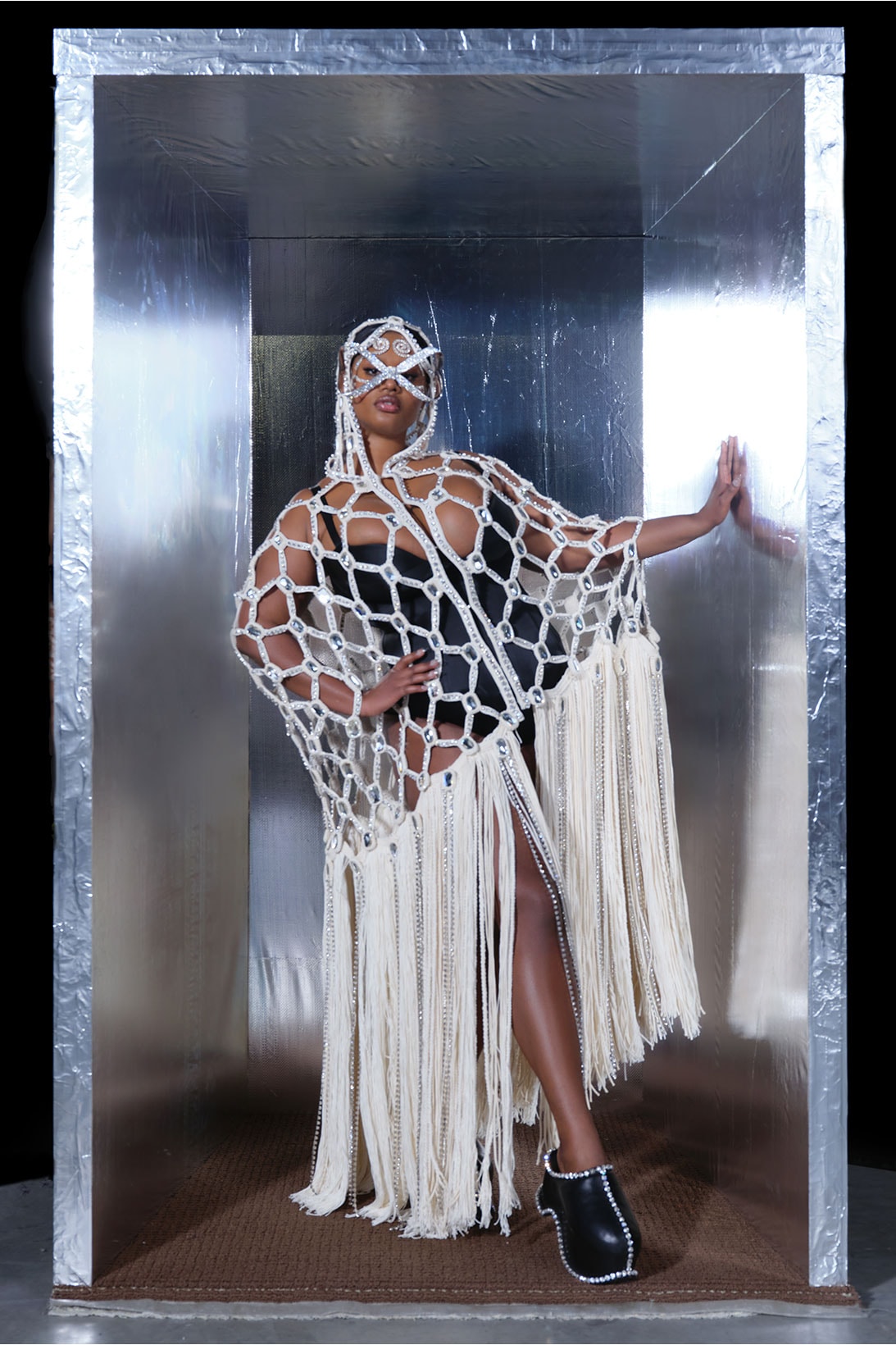 area swarovski haute couture collection crystals net hood dress gown