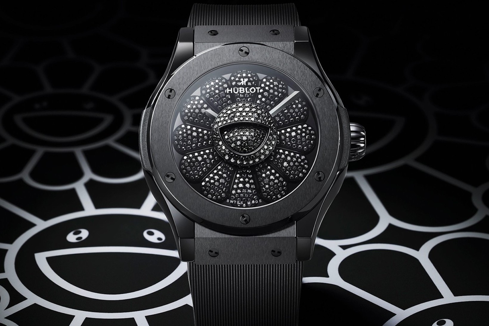 takashi murakami hublot classic fusion all black watch collaboration front