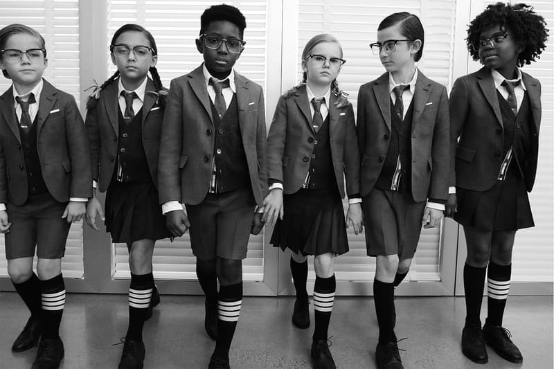 thom browne childrenswear kids line launch campaign school uniform blazers jackets pleated skirts group students