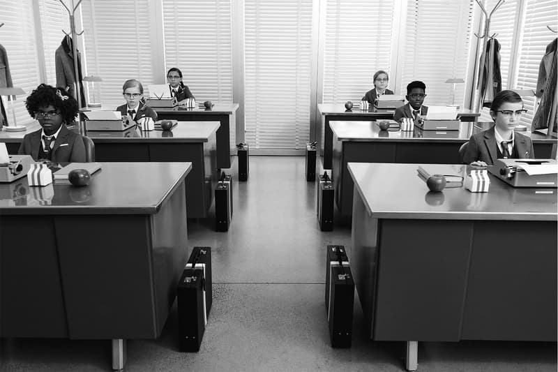 thom browne childrenswear kids line launch campaign school uniform blazers jackets classroom typewriter studying