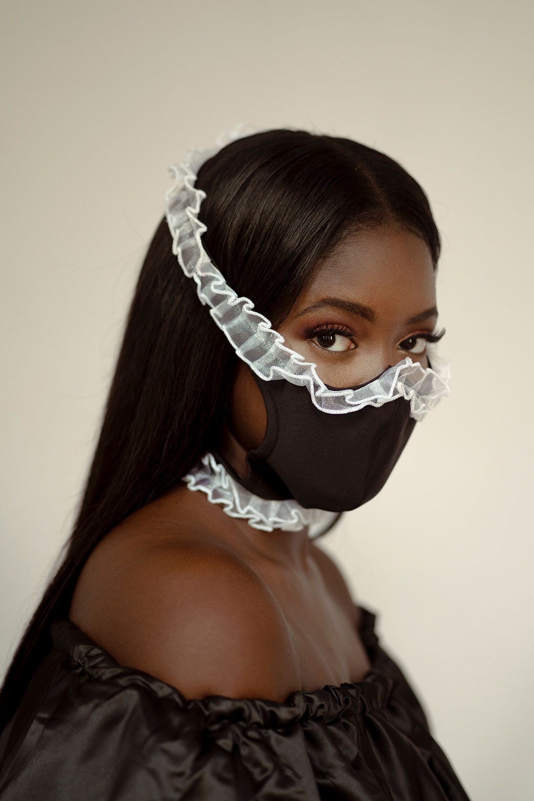 tia adeola ruffle face mask black white colorway limited edition