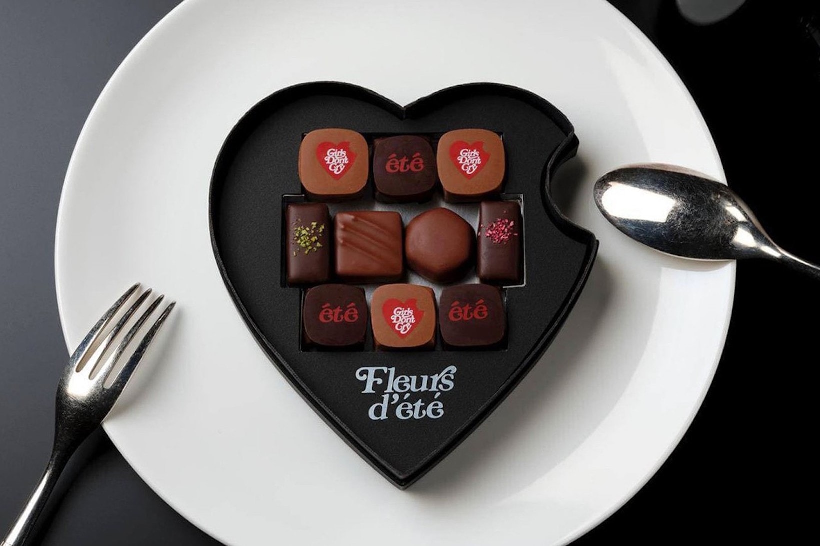 verdy girls dont cry fleur d'ete collaboration black chocolate box spoon fork plate dessert valentines day