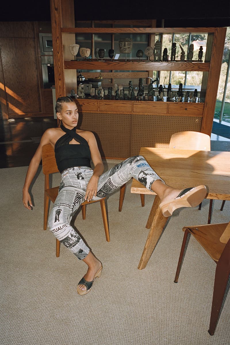 with jean stratosphere drop 2 spring summer lookbook black halter neck tank top newspaper print pants