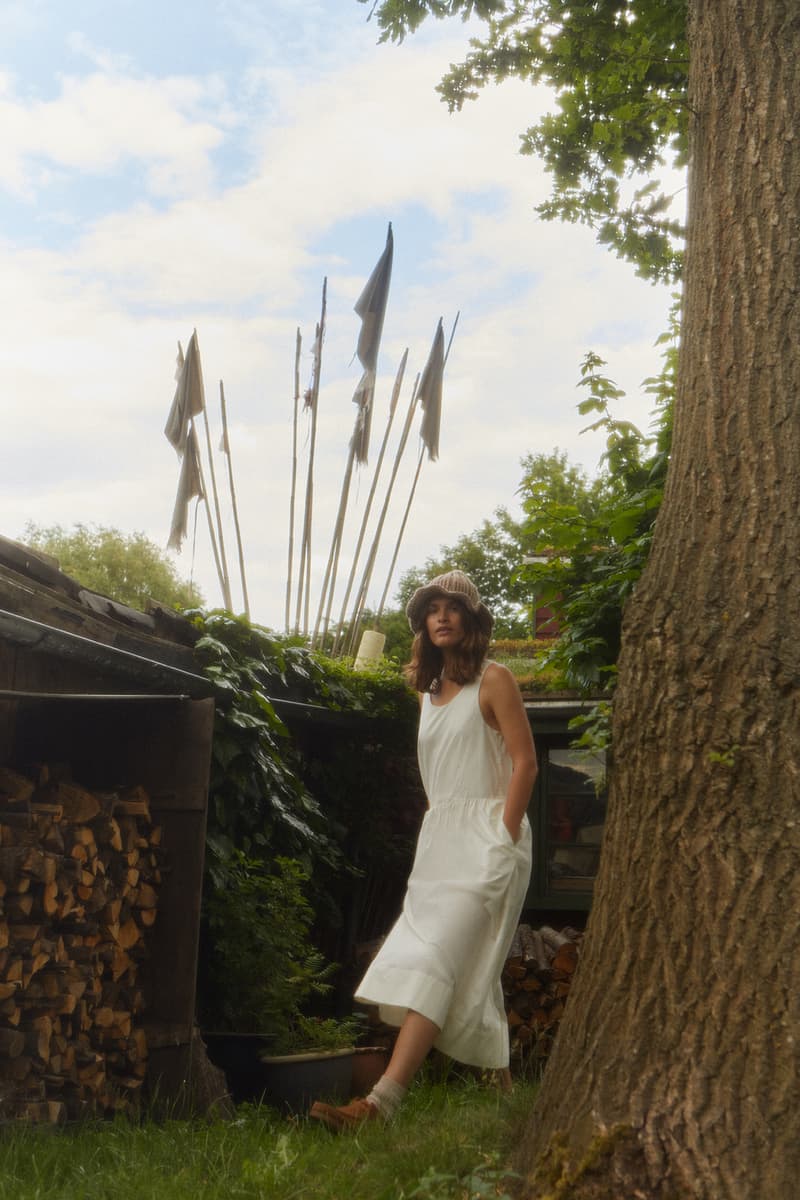 wood wood spring summer collection campaign tree grass blue sky nature white dress loafers hat wood