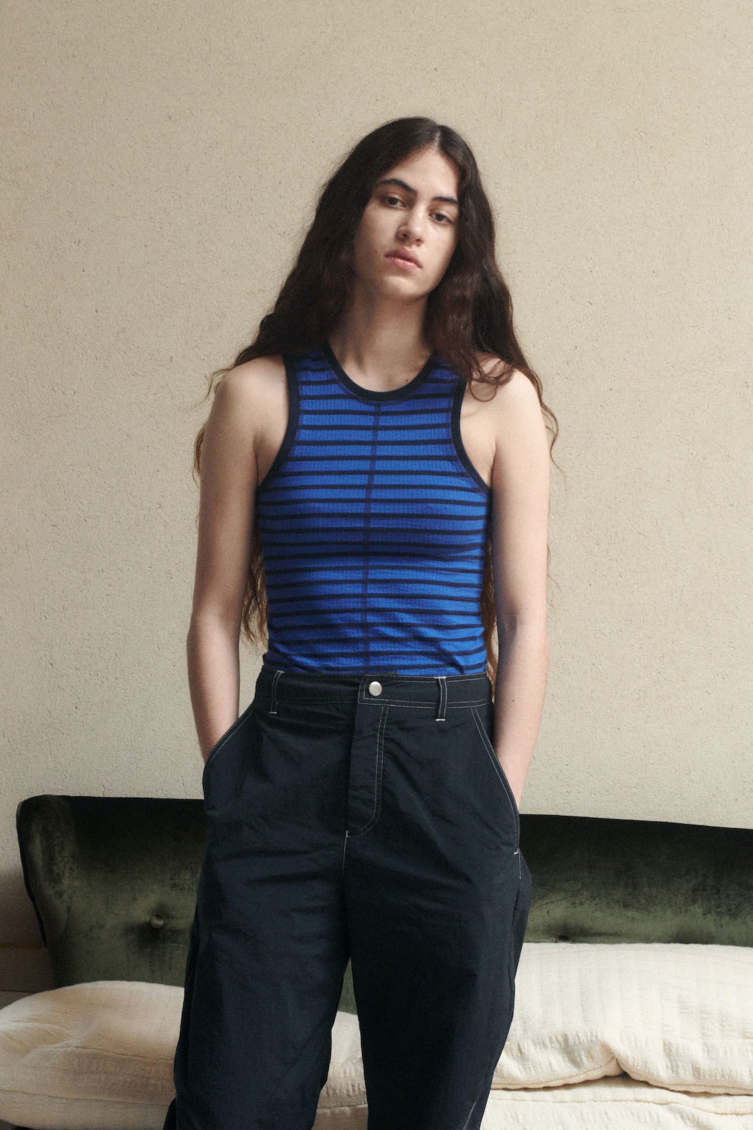 ymc spring summer 2021 collection lookbook tank top jeans pants blue stripes sofa