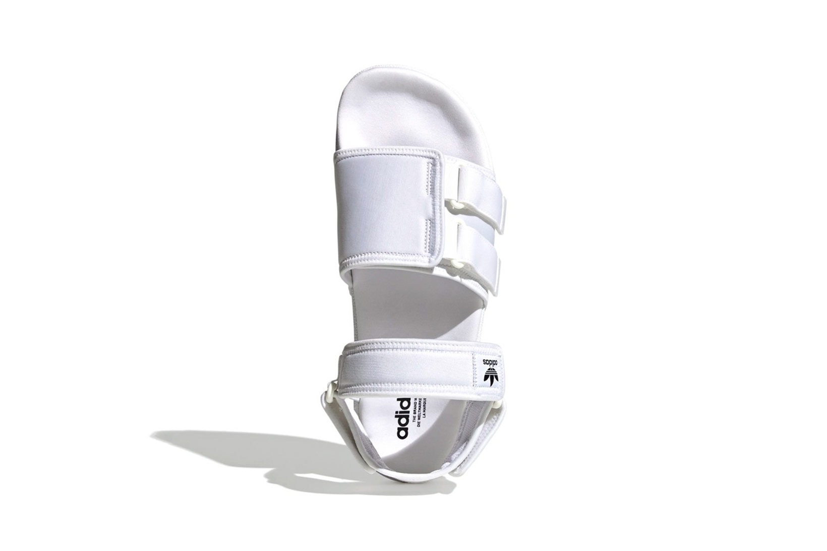 adidas originals adilette slide sandals velcro white colorway footwear aerial birds eye view black