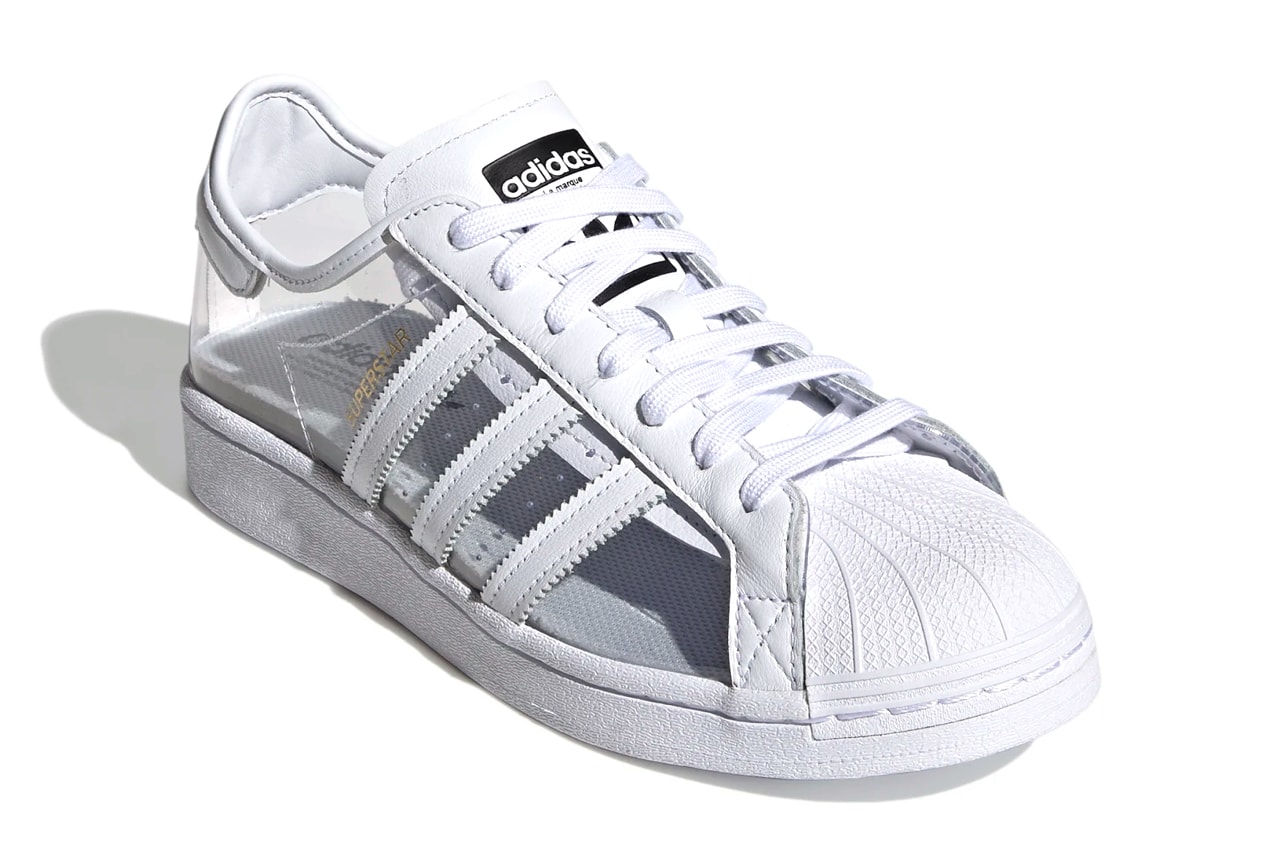 adidas originals superstar see through transparent white sneakers front toe box three stripes shoelaces