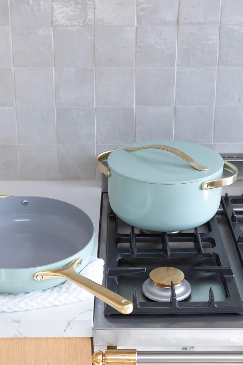 caraway crate and barrel silt pastel green seafoam color collaboration fry sauce saute pans dutch oven cookware kitchen stove