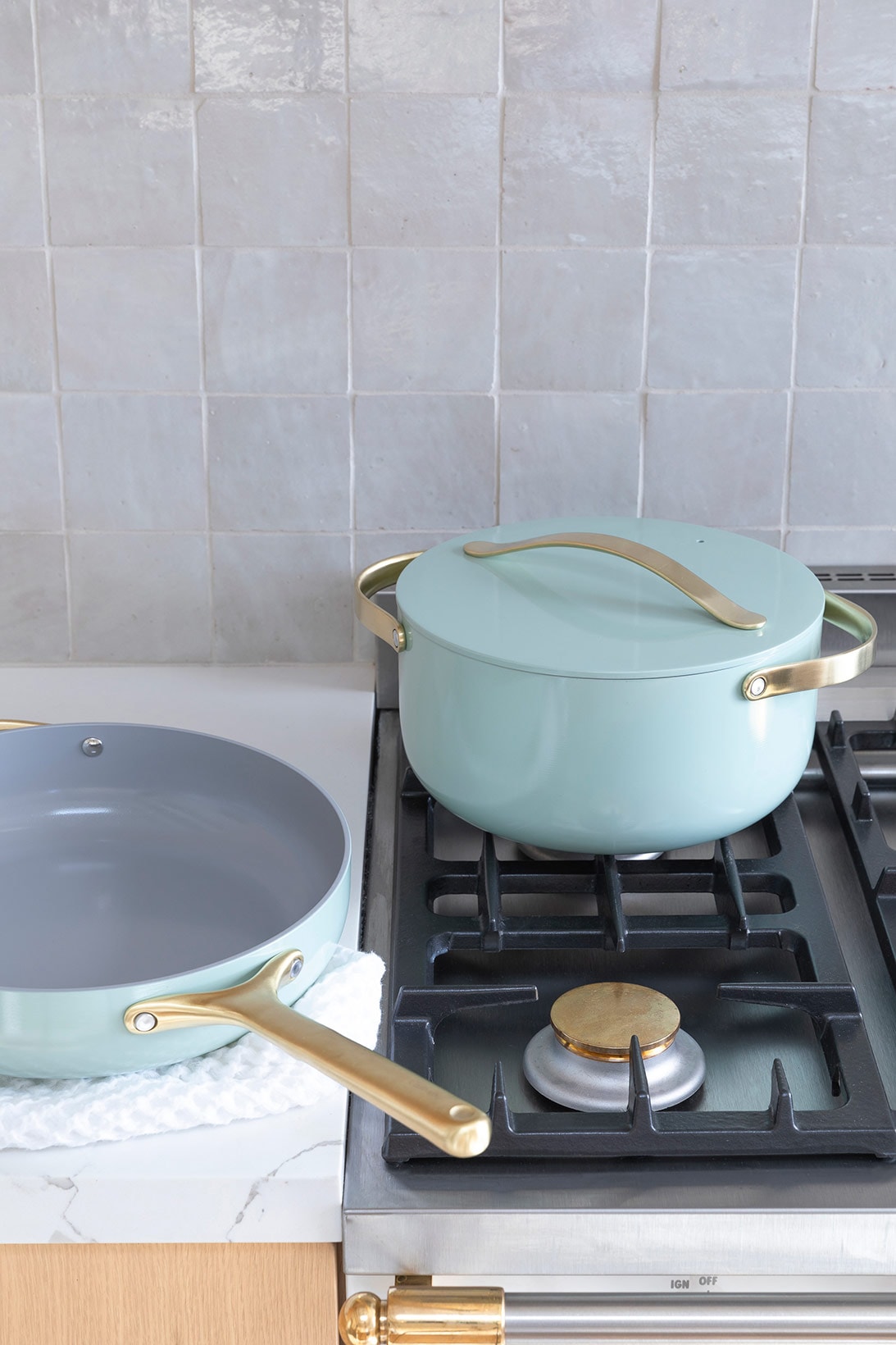 caraway crate and barrel silt pastel green seafoam color collaboration fry sauce saute pans dutch oven cookware kitchen stove