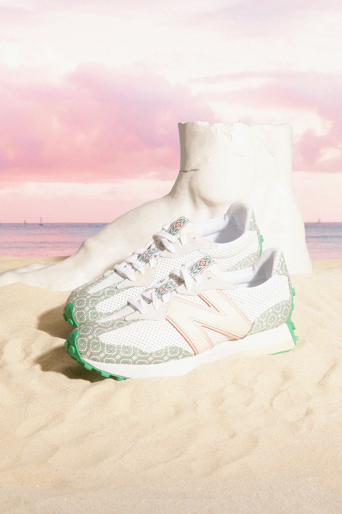casablanca new balance sneakers collaboration nb 327 sand beach sky foot sculpture