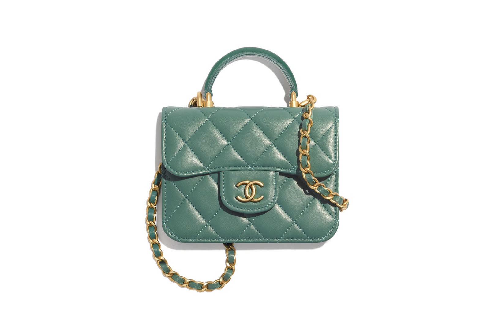 chanel metiers dart accessories collection front small handbag green teal gold