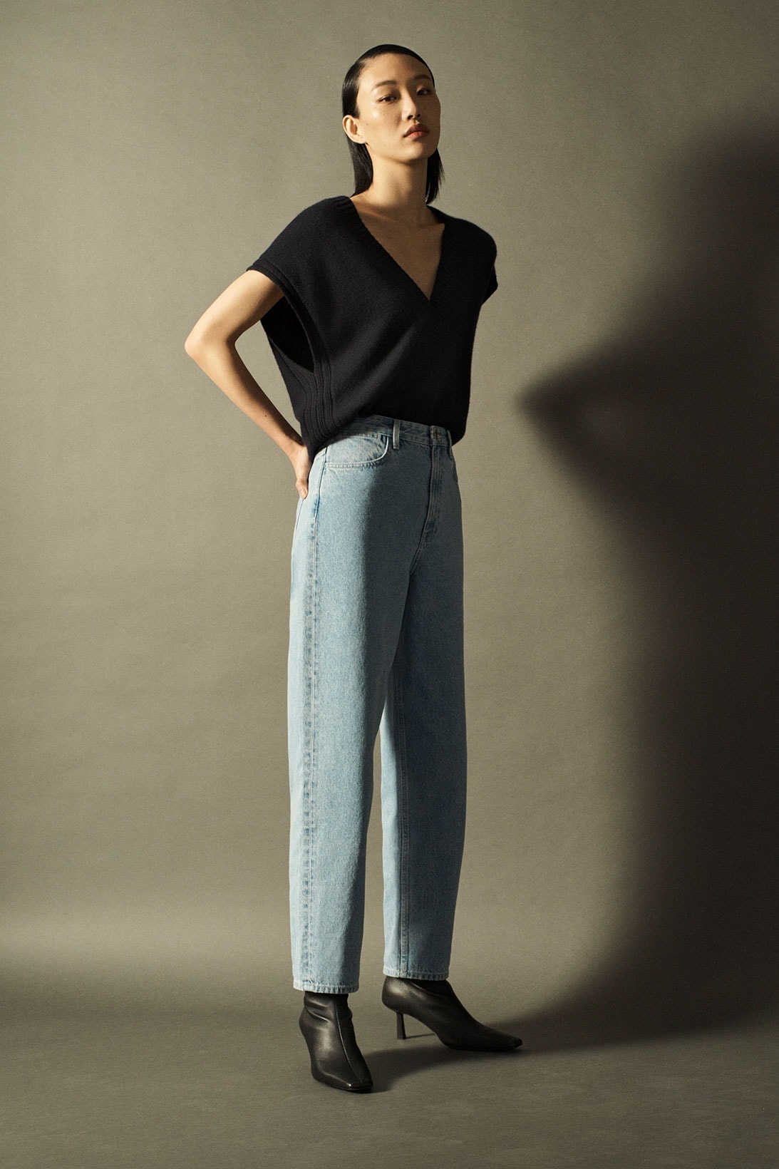 cos spring summer 2021 ss21 sustainable denim collection jeans sora choi black sweater vest heels