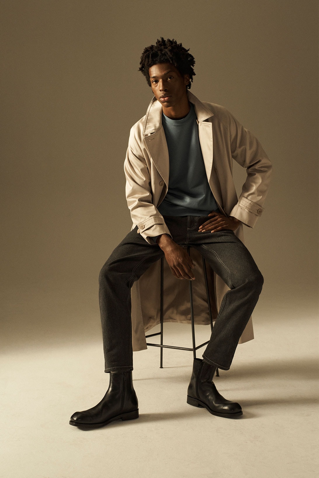 cos spring summer 2021 ss21 sustainable denim collection jeans trench coat sitting