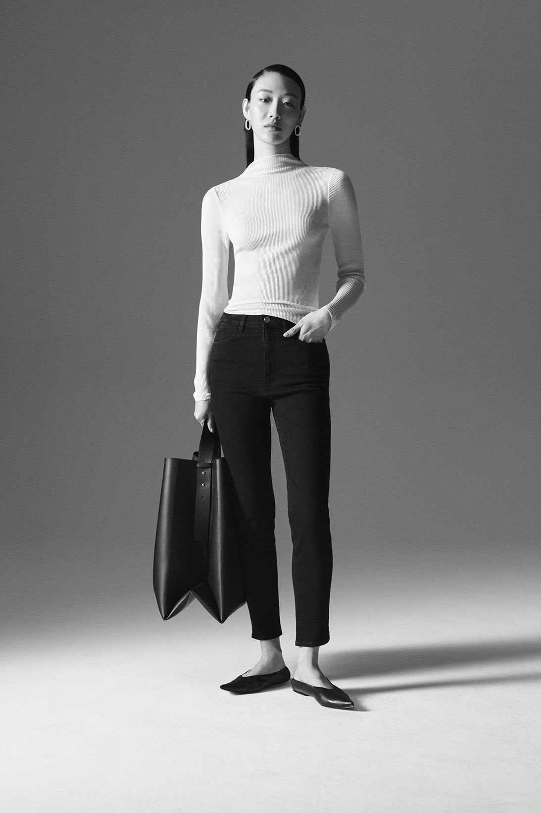 cos spring summer 2021 ss21 sustainable denim collection jeans sora choi white knit top bag