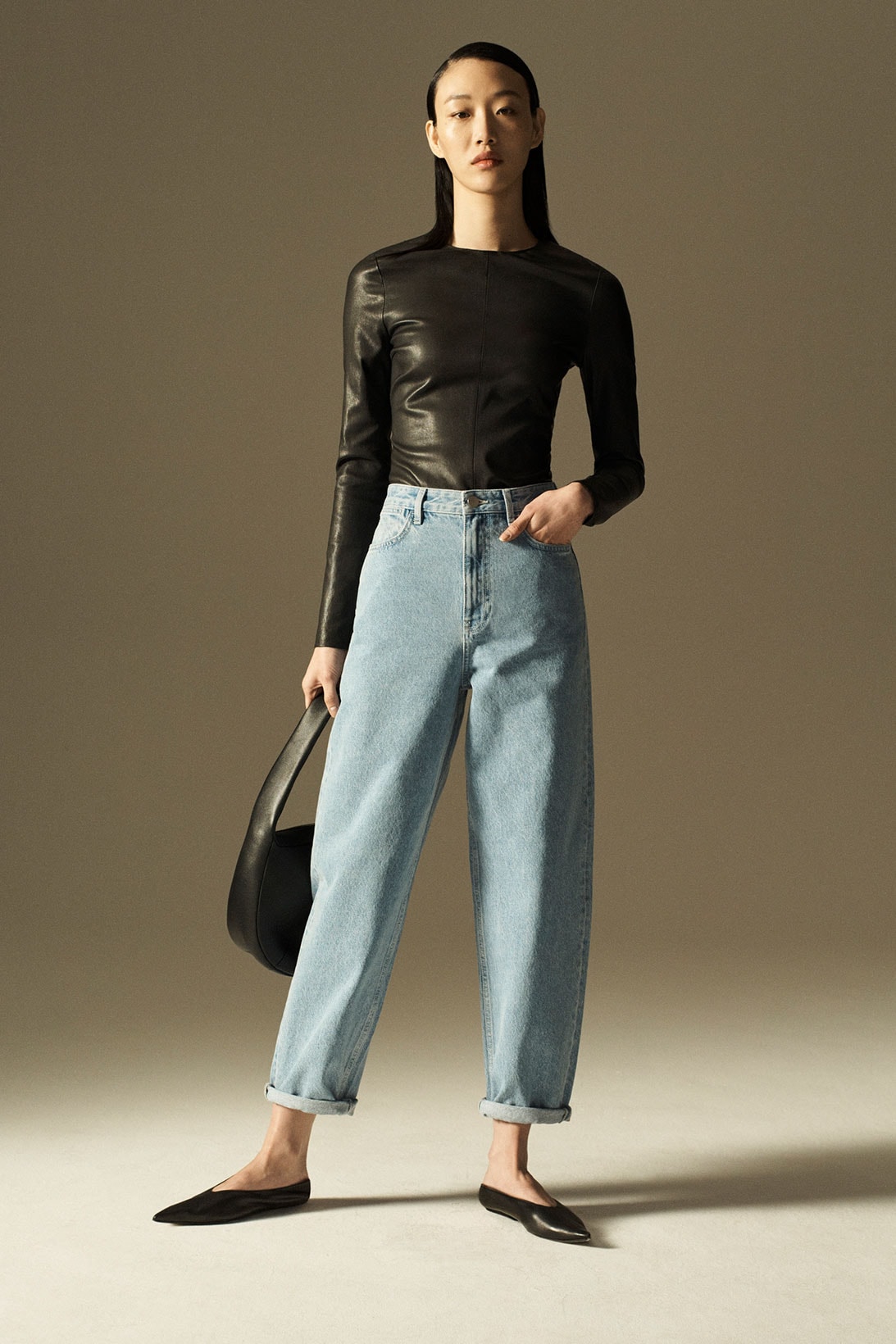 cos spring summer 2021 ss21 sustainable denim collection jeans sora choi leather long sleeved tee shirt bag