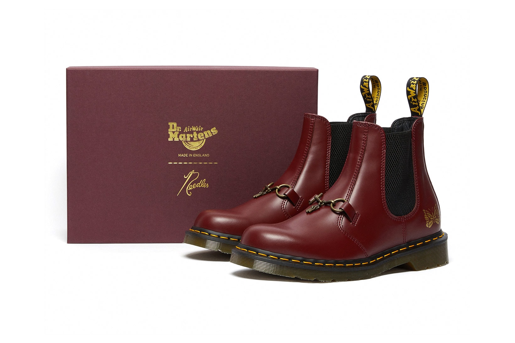 dr martens needles 2976 chelsea boot collaboration cherry red colorway box