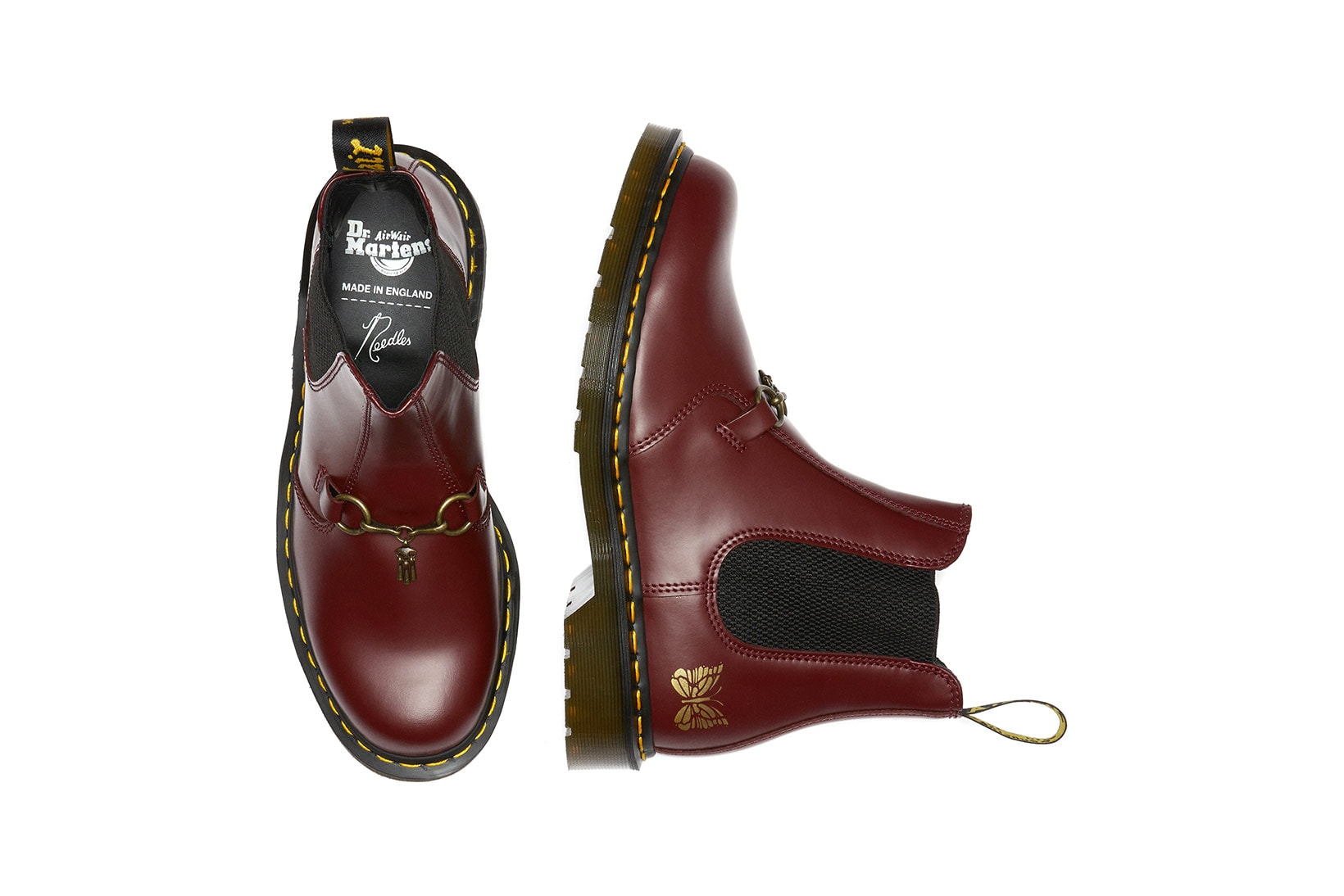 dr martens needles 2976 chelsea boot collaboration cherry red colorway aerial birds eye view insole lateral