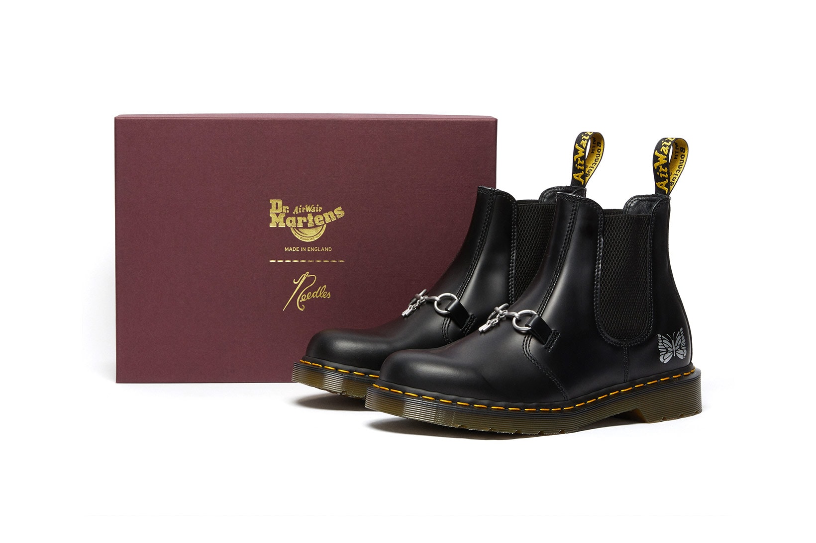dr martens needles 2976 chelsea boot collaboration black colorway lateral box
