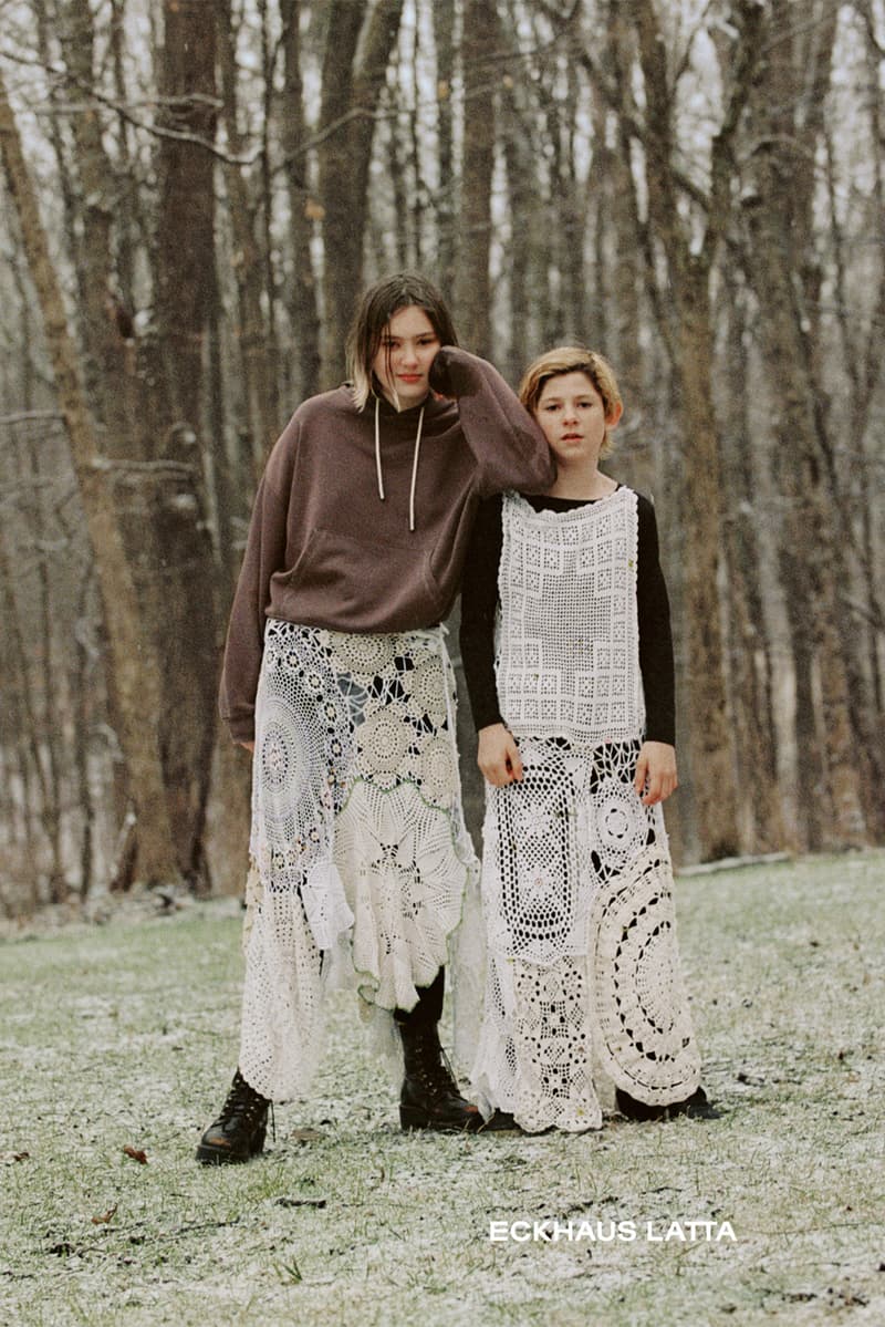 eckhaus latta spring summer campaign knitwear sweaters dresses brown white hoodie
