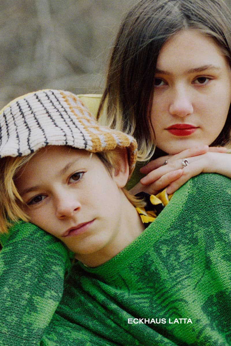 eckhaus latta spring summer campaign knitwear sweaters dresses hat green