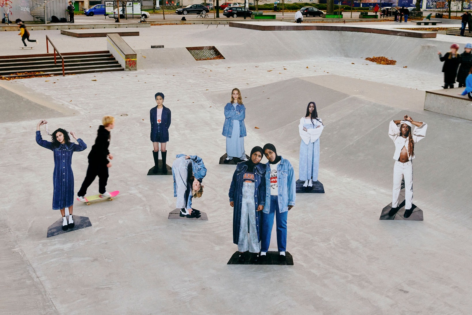 ganni levis denim jeans collaboration ss21 spring summer campaign group cut outs park skate