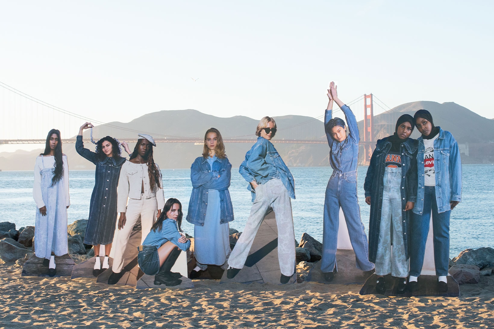 ganni levis denim jeans collaboration ss21 spring summer campaign beach sea