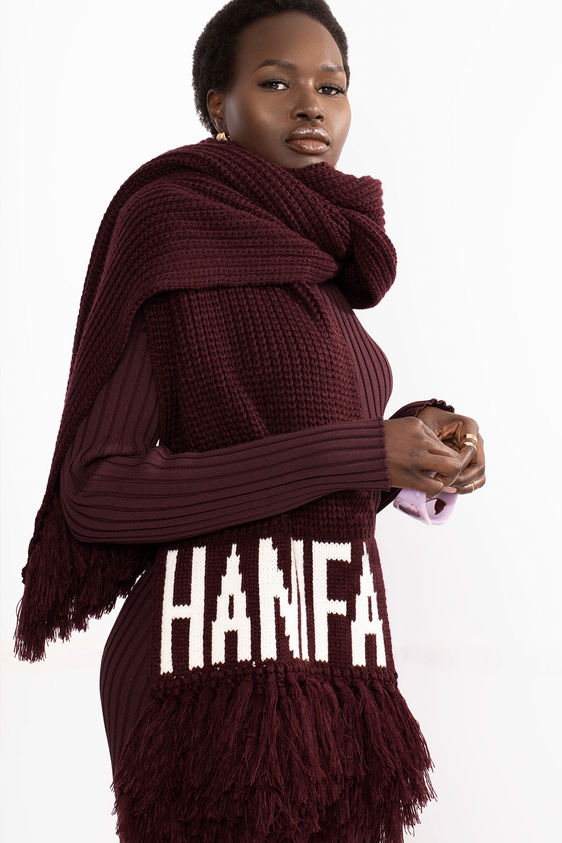 hanifa pink label congo capsule collection logo scarf knit dress
