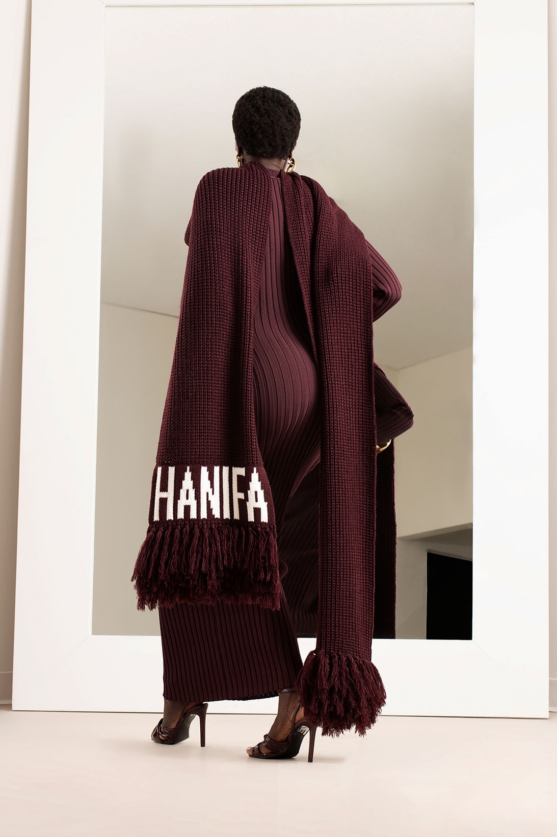 hanifa pink label congo capsule collection logo scarf knit dress back heels