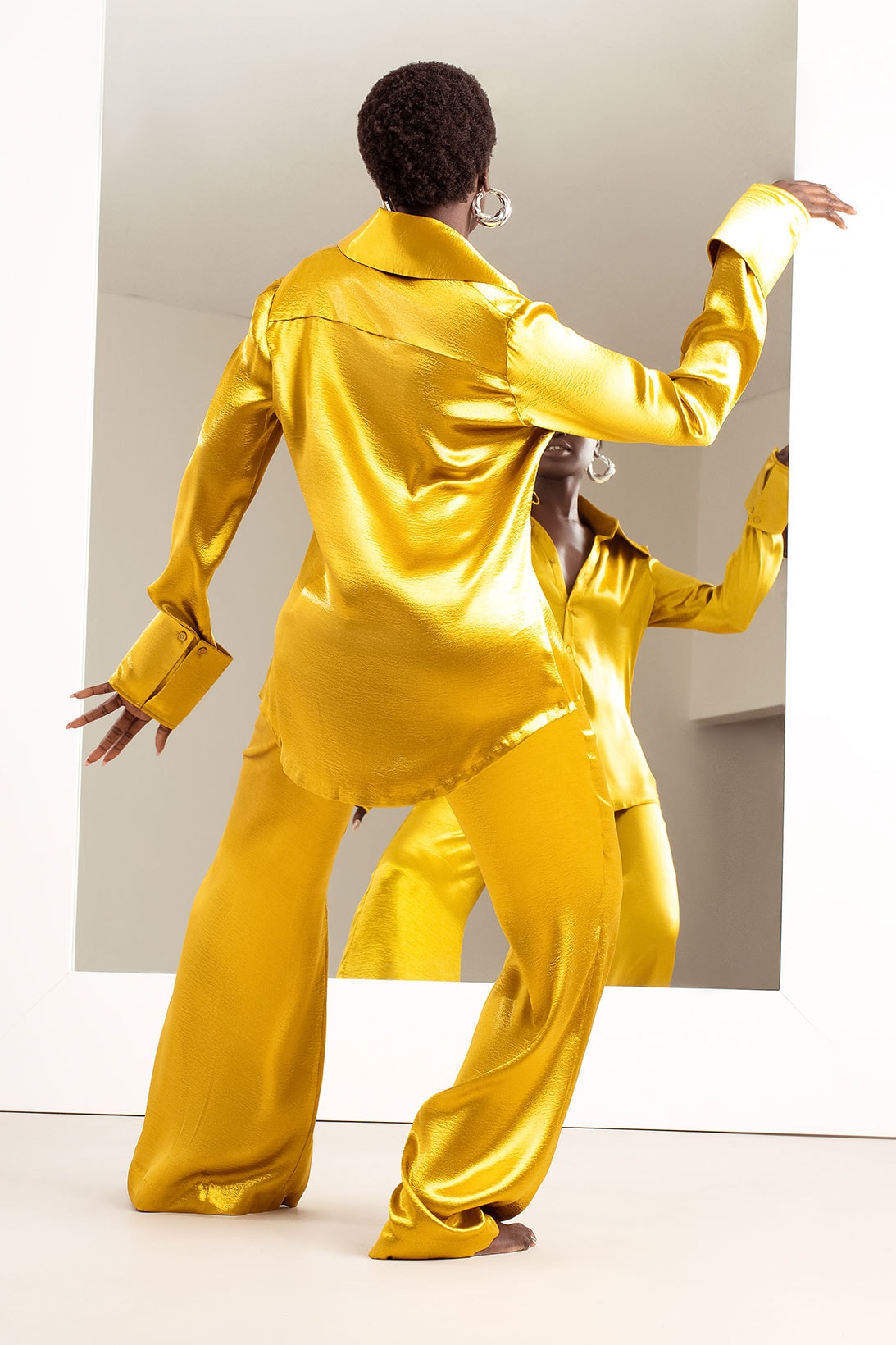 hanifa pink label congo capsule collection yellow satin silk shirt trousers set
