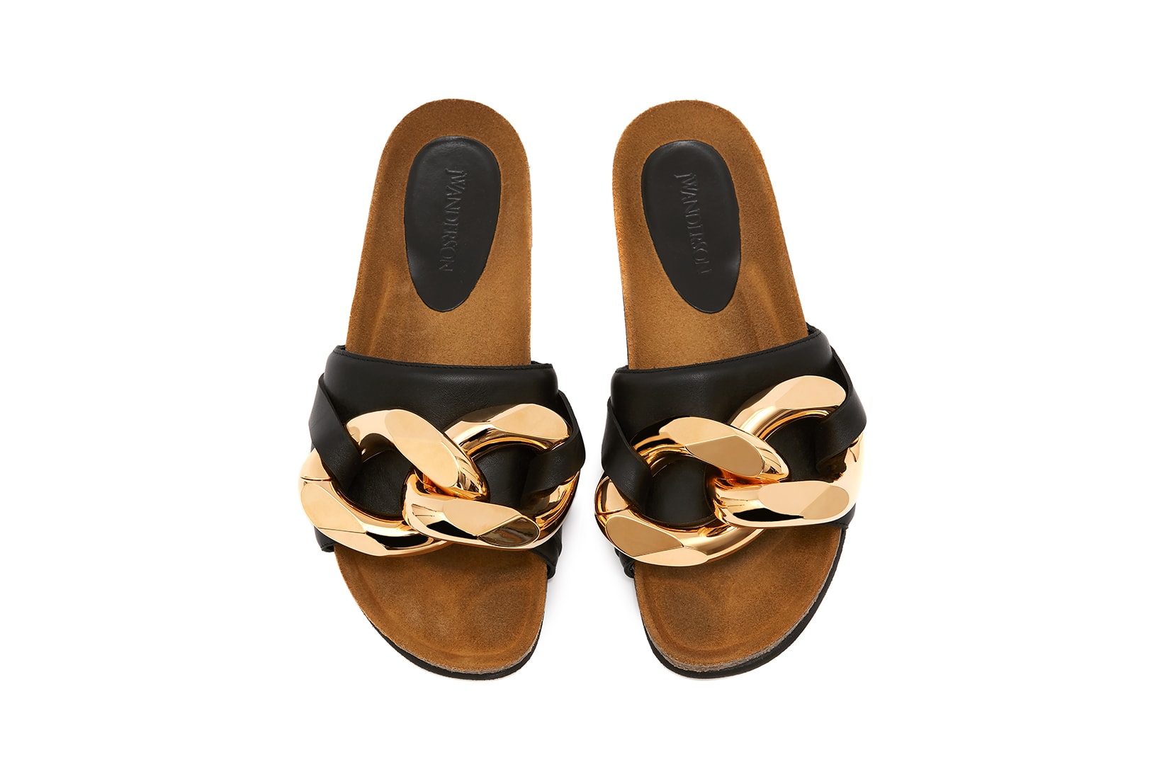 JW Anderson Chain Loafer Slide Gold Footwear Shoes Black Aerial Birds Eye View Soles
