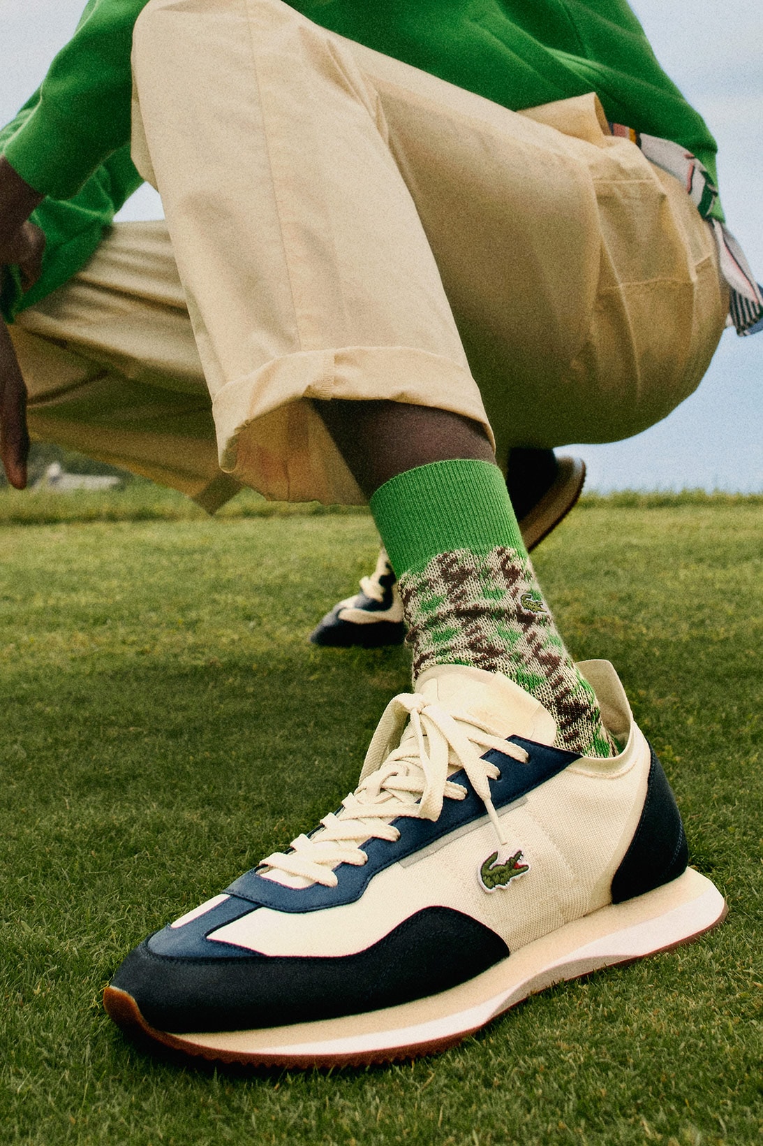 lacoste match break sneakers spring summer collection footwear shoes kicks sneakerhead navy blue white socks pants green sweater