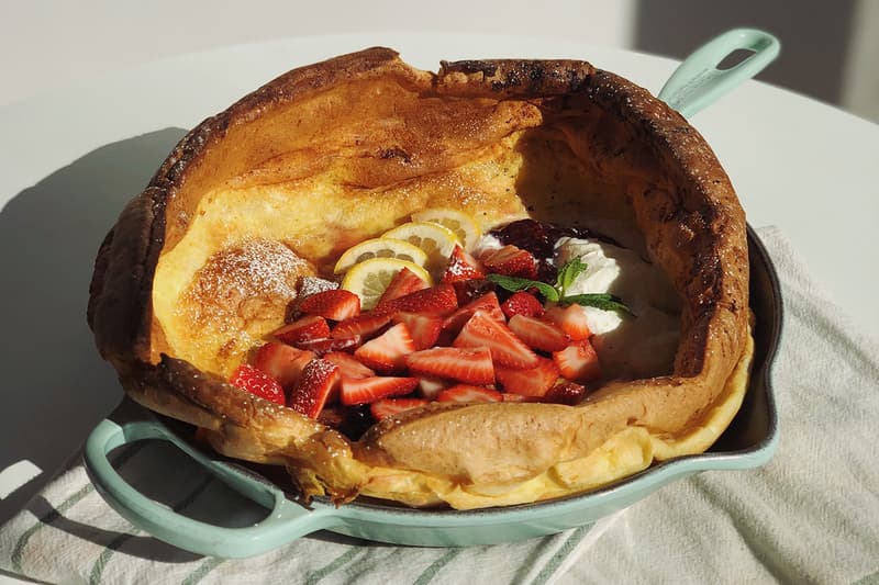 Le Creuset Cast Iron Skillet Signature Frying Pan Handle Sage Green Pastel Cookware Kitchen Cooking Dutch Baby Pancake Strawberry Lemon Dessert Brunch Breakfast