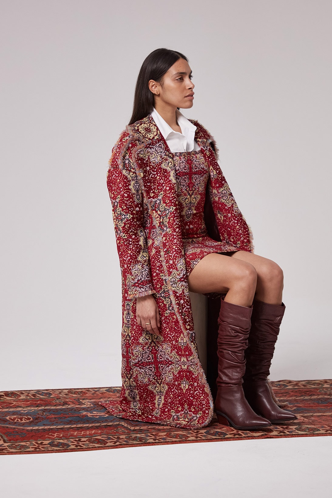 les benjamins silk road services spring summer collection campaign outerwear jacket skirt boots
