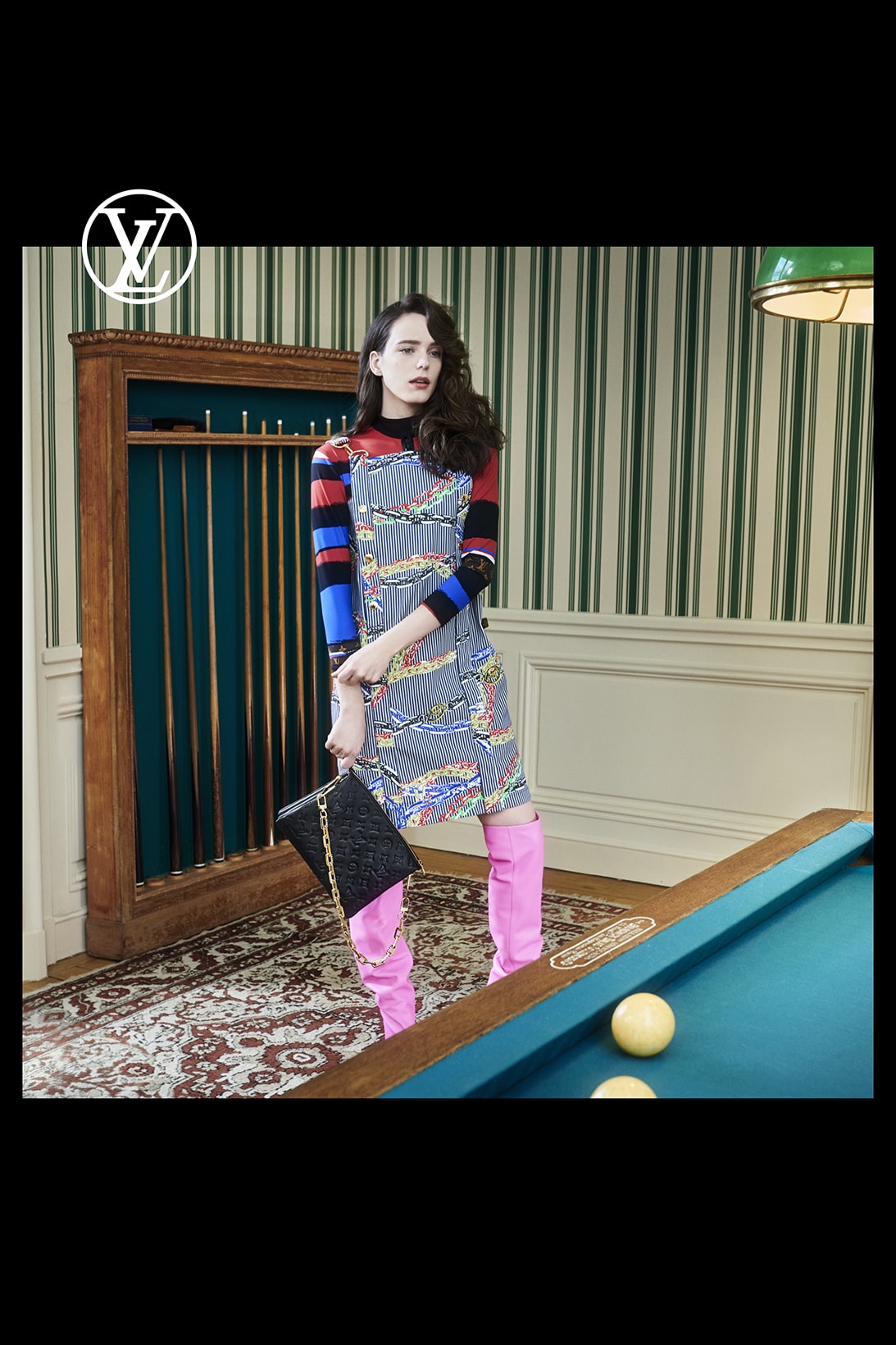 louis vuitton pre fall womens collection nicolas ghesquiere dress long sleeve shirt pink boots black designer bag pool table